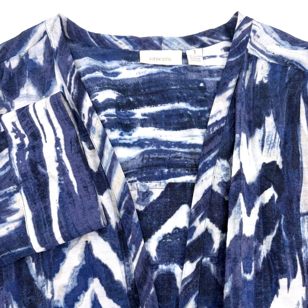 Chicos Blue White Ikat Chevron Open Front Cardigan (Size 1) - Size 8 Long Sleeve